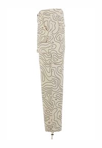 Beige pants with black abstract contour pattern, cargo pockets, and zippered hem. Made of lightweight fabric with a relaxed fit.
