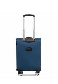 Valigia blu in tessuto con finitura testurizzata, manico retrattile e quattro ruote girevoli. Presenta una tasca con zip nera sulla parte anteriore.