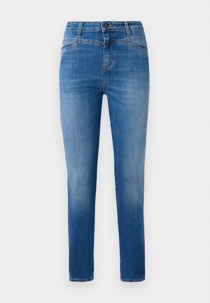 Klassiske blå denimjeans med rett benkutt, designet med middels høy midje, frontlommer og oransje sømdetaljer.