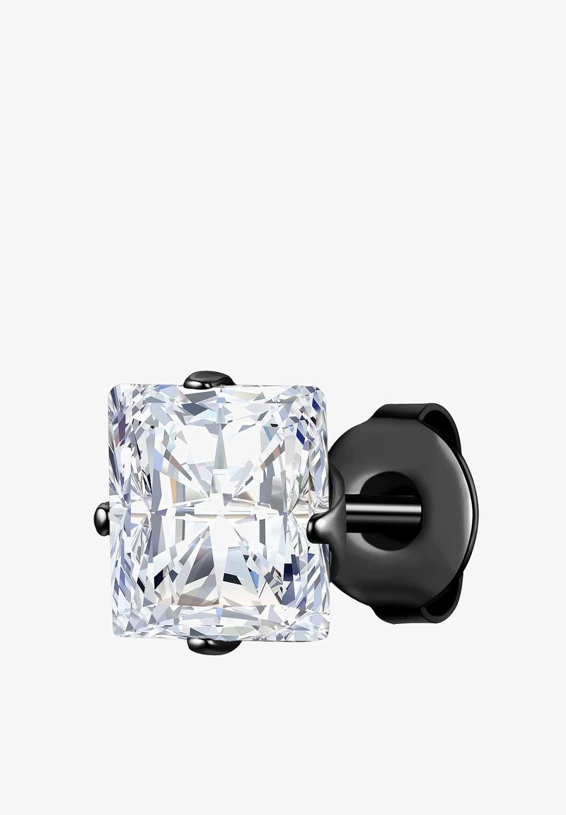 Vierkante kristallen stud oorbel met een transparant, gefacetteerd oppervlak en een zwarte metalen achterzijde. Hoge helderheid en geometrisch ontwerp.
