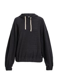 Black hooded sweatshirt with a textured, herringbone pattern; features a drawstring, oversized sleeves, and elasticized hem and cuffs.