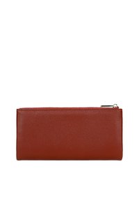 Portafoglio in pelle rossa, forma rettangolare, superficie testurizzata, chiusura con zip, design minimalistico, senza hardware o accenti visibili.