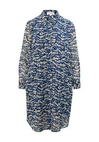 Chemise à boutons, tissu léger, motif abstrait bleu et crème, manches longues, col classique, ourlet droit, poches plaquées.