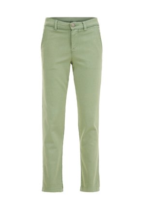 Pantalon vert clair à jambes droites avec passants pour ceinture, bouton à l'avant et fermeture éclair, présenté sur un fond blanc uni.