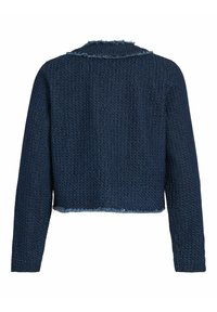 Tamno plavi teksturirani tkanjeni sako s dugim rukavima, strgani rubovi na ovratniku i rubu, prikazan s leđa.