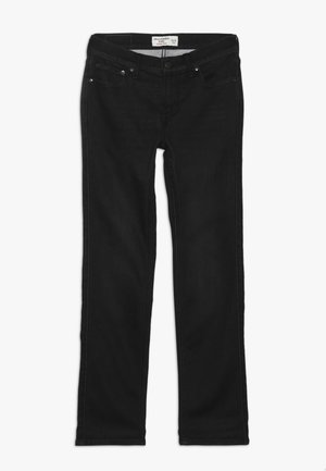 Czarne dopasowane jeansy dla dzieci, widok z przodu pokazujący guzik, zamek błyskawiczny, kieszenie i szlufki na pasek, rozmiar 13/14 lat.