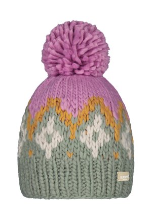 Bonnet tricoté dans des couleurs pastel : pompon rose, base verte, motif blanc, jaune et rose. Design de points texturés avec une étiquette.