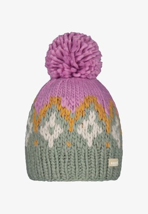 Bonnet tricoté dans des couleurs pastel : pompon rose, base verte, motif blanc, jaune et rose. Design de points texturés avec une étiquette.