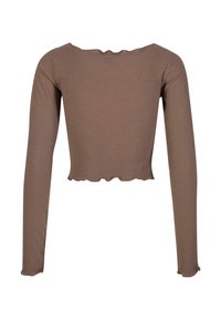 Pruun ribaga pikas varrukas crop top lainelise ääre ja avatud kaeluse ning sobivate varrukatega, millel on tekstuuriga fabric.