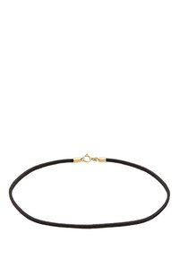 Black cord necklace with gold hardware, featuring a smooth, round shape and a clasp closure. Measures approximately 40 cm in length.
