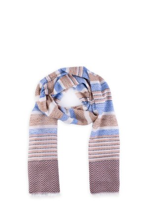 Lekki, tkany szalik z niebieskimi, beżowymi i różowymi geometrycznymi i paskowanymi wzorami, luźno złożony na białym tle.