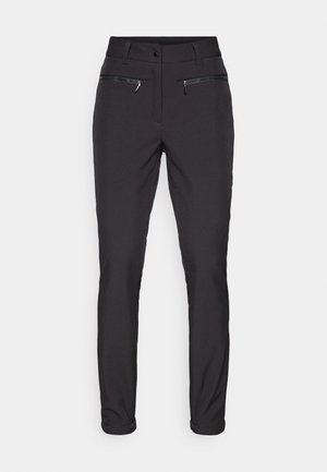 Pantalons noirs avec une coupe slim, dotés de poches avant zippées et d'une texture lisse. Aucun motif ou embellissement visible.