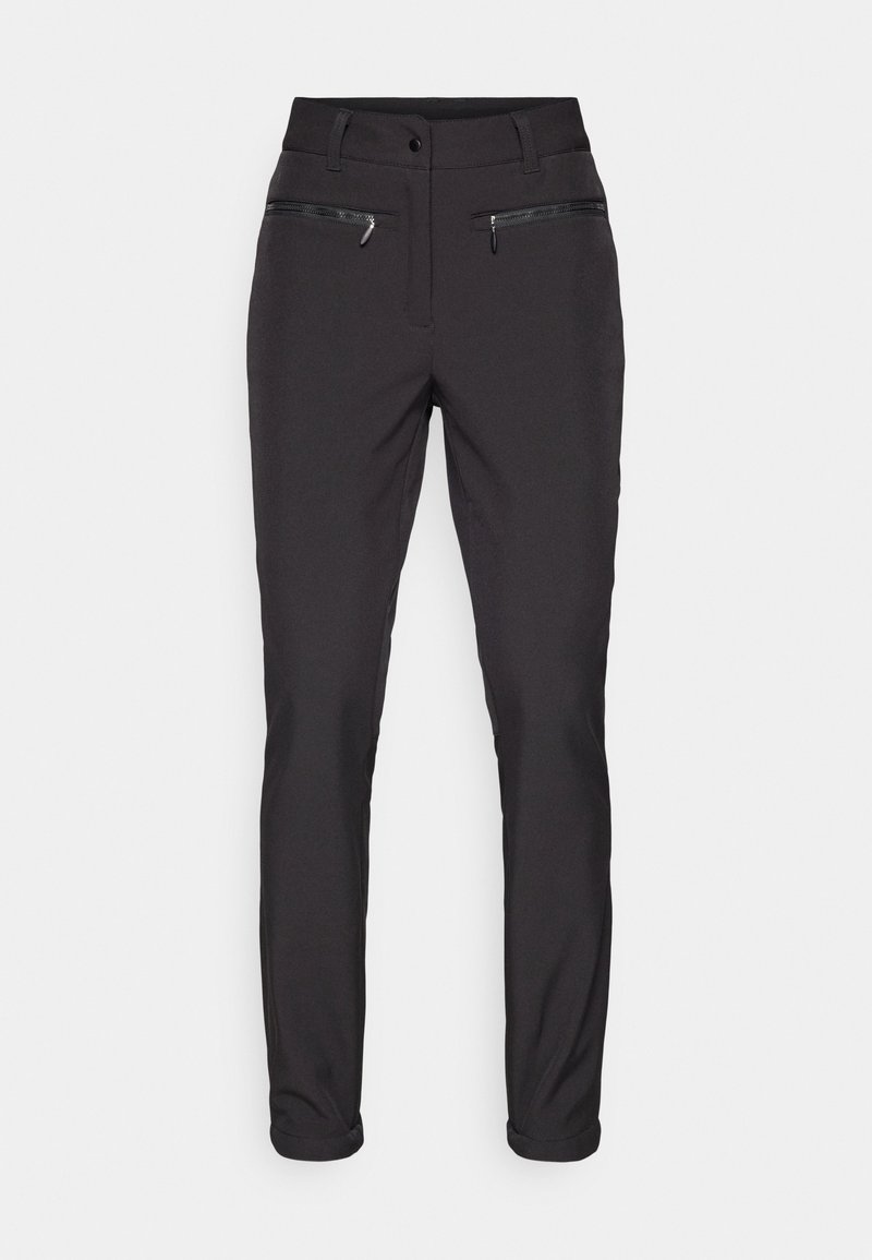 Schwarze Hose mit schmaler Passform, ausgestattet mit Reißverschlussvordertaschen und einer glatten Textur. Keine sichtbaren Muster oder Verzierungen.