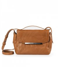 Braune Leder-Crossbody-Tasche mit einem eleganten Design, versehen mit einem Metallakzent in Silberfarbe und einem abnehmbaren, verstellbaren Trageriemen.