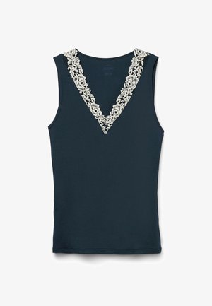 Marineblauw tanktop met een diepe V-hals versierd met crèmekleurige bloemenkant rond de hals. Gladde stof met een aansluitend ontwerp.