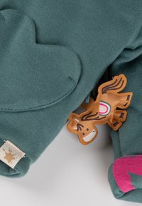 Tessuto di cotone verde con una toppa a forma di cuore, caratterizzata da un'etichetta a forma di cavallo marrone con dettagli colorati. Include un'etichetta crema sulla cucitura.