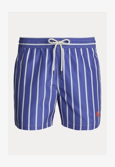 Striped swim shorts in bright blue with white vertical stripes, featuring a drawstring waist and an orange logo accent. Smooth texture.