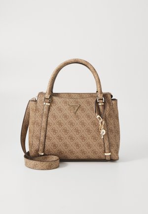 Borsa a mano color beige con una trama testurizzata, dotata di hardware dorato, chiusura a zip e manici doppi. Include una tracolla removibile.