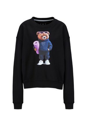 Zwarte sweatshirt met een kleurrijke berenafbeelding die een zonnebril draagt en een yogamat vasthoudt. Voorzien van ribgebreide manchetten en een ronde hals.