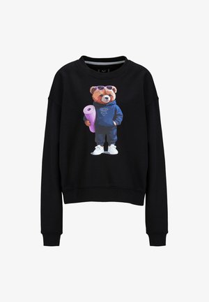 Zwarte sweatshirt met een kleurrijke berenafbeelding die een zonnebril draagt en een yogamat vasthoudt. Voorzien van ribgebreide manchetten en een ronde hals.