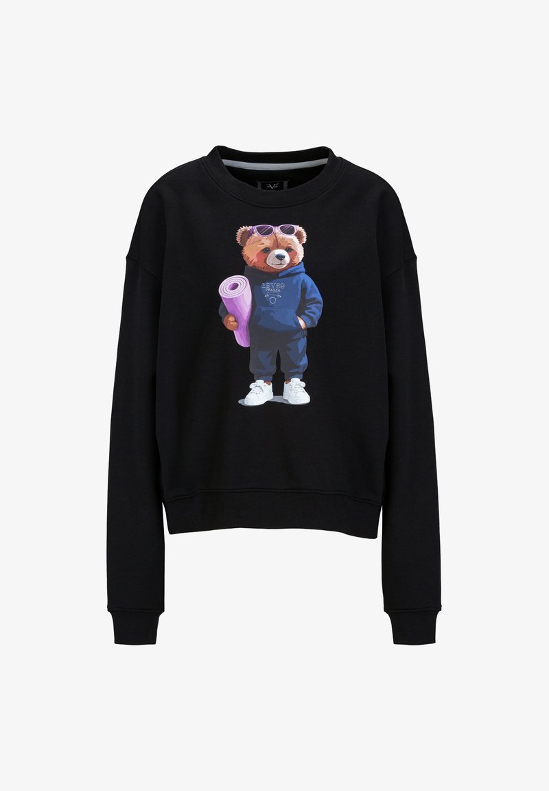 Zwarte sweatshirt met een kleurrijke berenafbeelding die een zonnebril draagt en een yogamat vasthoudt. Voorzien van ribgebreide manchetten en een ronde hals.
