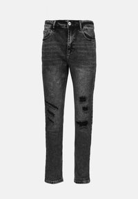 Jeans de denim negro con un corte ajustado, que presentan desgarros desgastados en los muslos y las rodillas, cinco bolsillos y un cierre clásico de botón.