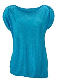 Blauwe korte mouw top gemaakt van lichtgewicht, gestructureerde stof met een losse pasvorm. Heeft gathered accenten op de schouders en een ronde halslijn.