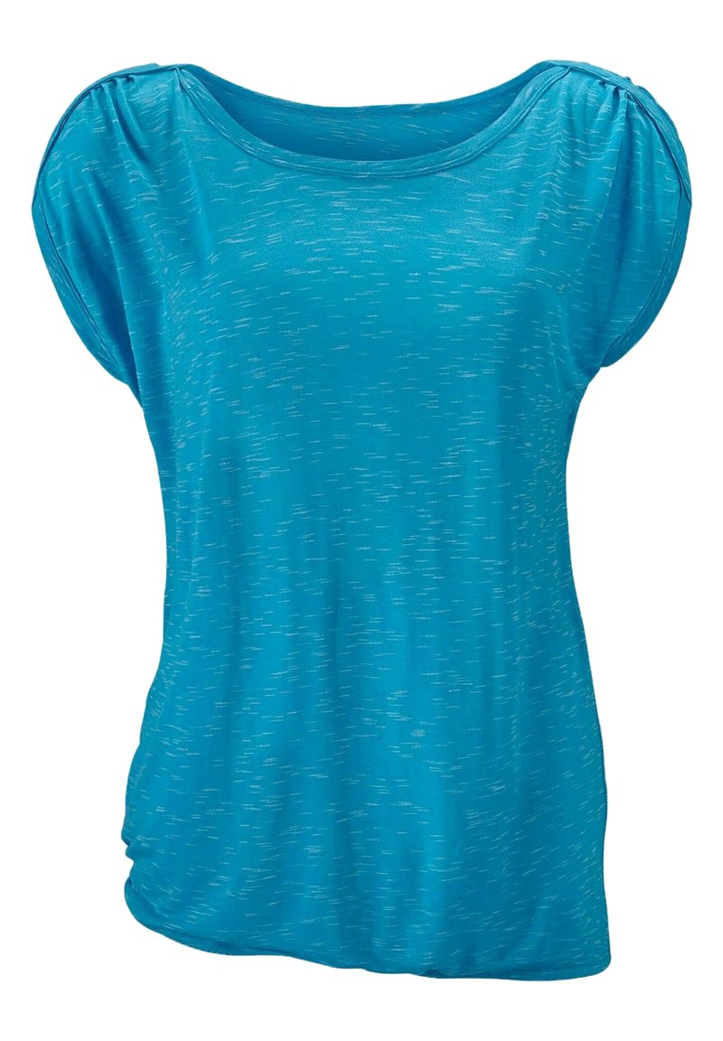 Blauwe korte mouw top gemaakt van lichtgewicht, gestructureerde stof met een losse pasvorm. Heeft gathered accenten op de schouders en een ronde halslijn.