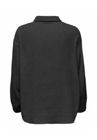 Zwarte langemouwen shirt van een textuurstof, met een kraag en een relaxte pasvorm. De achterkant heeft een gladde, vlakke afwerking. Geen zichtbare hardware.