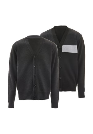Deux cardigans pour homme à boutons, l’un uni gris foncé, l’autre noir avec une bande horizontale gris clair sur la poitrine.
