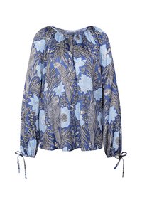 Blouse bleue à manches longues, imprimé floral et perroquet, col froncé et poignets noués.
