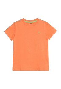 Camiseta de algodón naranja con cuello redondo, mangas cortas y un detalle verde en el cuello, que presenta un pequeño logo bordado en el pecho.