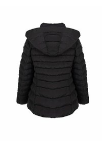 Giacca a vento nera imbottita con cappuccio, caratterizzata da cuciture orizzontali, una finitura testurizzata e tasche con zip sui lati.