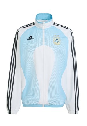 Bílá a světle modrá sportovní bunda Adidas s černými pruhy na rukávech, plným zipem a znakem Argentinské fotbalové asociace na hrudi.