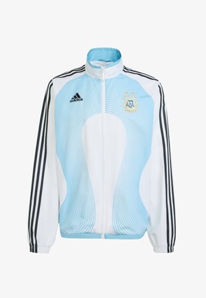 Bílá a světle modrá sportovní bunda Adidas s černými pruhy na rukávech, plným zipem a znakem Argentinské fotbalové asociace na hrudi.