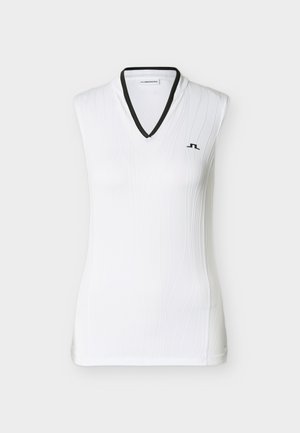 Αμάνικη λευκή μπλούζα με V-λαιμόκοψη και μαύρη λεπτομέρεια; υφή με διακριτικές κάθετες γραμμές; λογότυπο στην αριστερή πλευρά του στήθους.