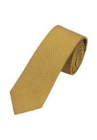Gelbe Krawatte mit strukturiertem, geripptem Muster; zum Präsentieren zusammengerollt; schmale Form mit spitz zulaufender Spitze.