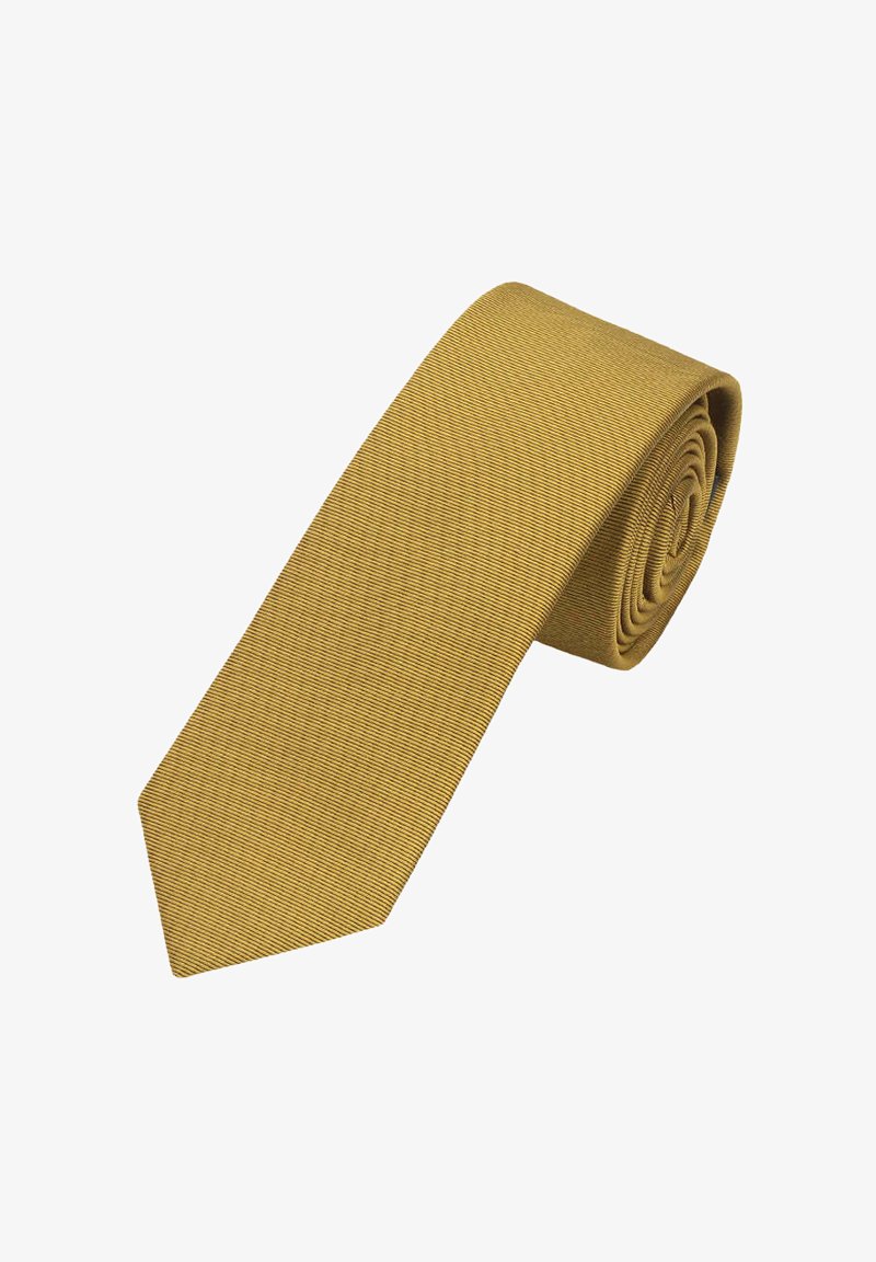 Gelbe Krawatte mit strukturiertem, geripptem Muster; zum Präsentieren zusammengerollt; schmale Form mit spitz zulaufender Spitze.