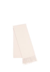 Sciarpa beige chiaro realizzata in tessuto morbido, caratterizzata da un design piatto con bordi frangiati, piegata in modo ordinato.