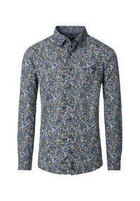 Langarmshirt van katoen met een blauw bloemenpatroon, featuring groene en beige bladeren, een knoopsluiting bij de kraag en een borstzak.