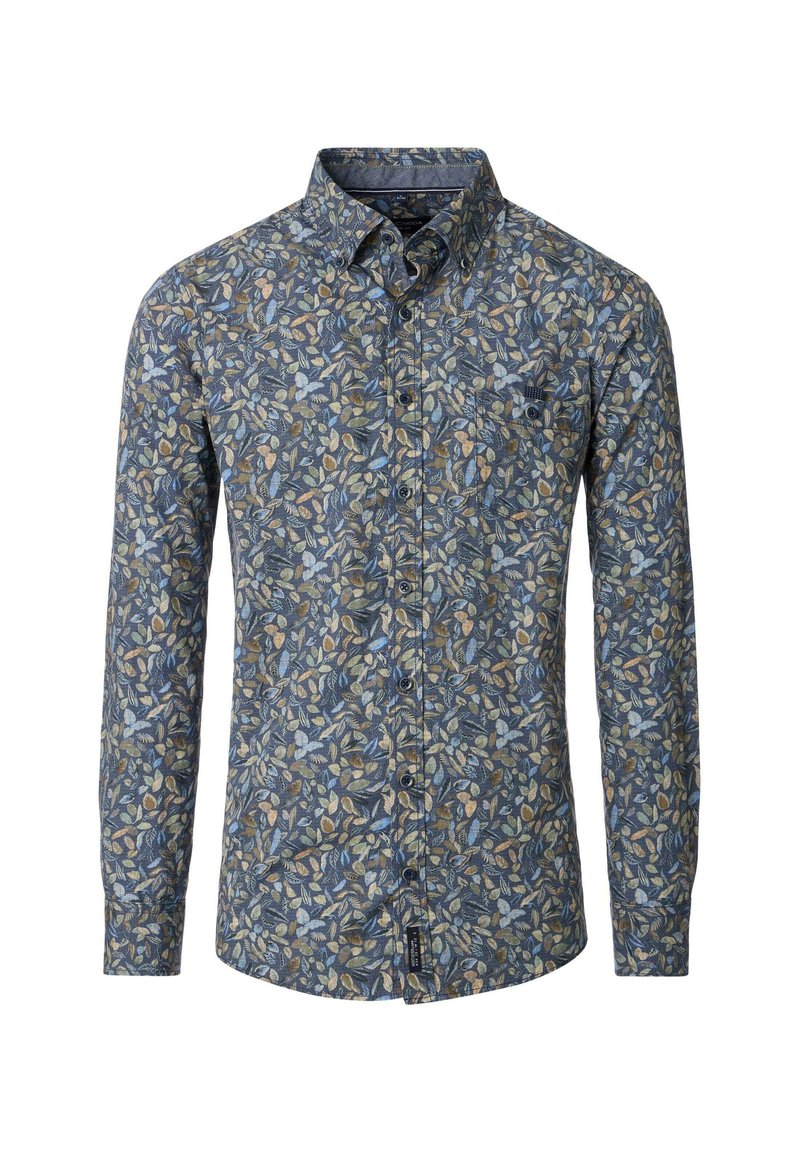 Langarmshirt van katoen met een blauw bloemenpatroon, featuring groene en beige bladeren, een knoopsluiting bij de kraag en een borstzak.