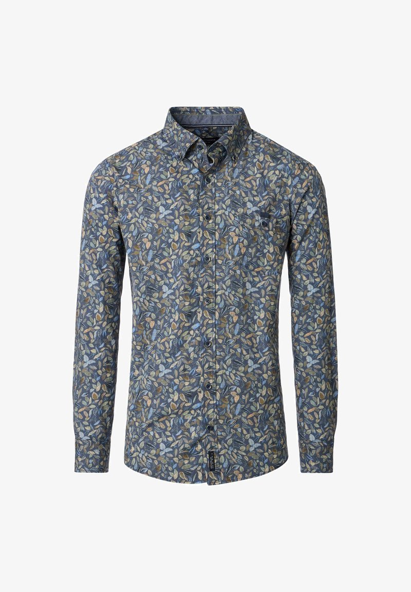 Long-sleeve shirt made of cotton with a blue floral pattern featuring green and beige leaves, button-down collar, and chest pocket.