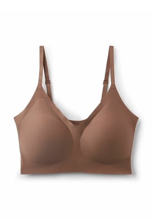 Nahtloser brauner Wireless-BH mit verstellbaren dünnen Trägern und vorgeformten Cups, entworfen für Komfort und glatte Unterstützung.