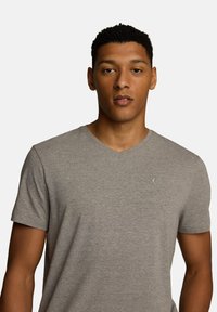 Szary bawełnowy t-shirt z dekoltem w serek, krótki rękaw i małe wyszywane logo po lewej stronie klatki piersiowej. Miękka faktura.