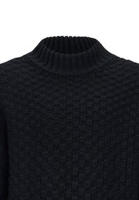 Schwarzer gestrickter Pullover mit strukturiertem Muster, hohem Rippkragen und lässiger Passform. Das Material wirkt dick und warm.