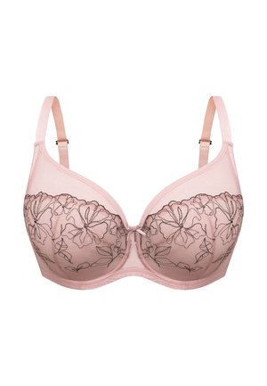 Jasnoróżowy biustonosz z siateczkowymi miseczkami, zdobiony czarnym haftem kwiatowym. Miękkie ramiączka z możliwością regulacji, wsparcie z fiszbinami oraz detal w postaci kokardy na środku.