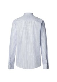Camisa de manga larga a cuadros en azul y blanco con un cuello clásico, puños con botón y una textura de tela suave. Vista trasera mostrada.
