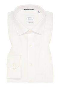 Witte langemouwen shirt met een omklapbare kraag, knoopsluiting en enkele manchetdetails, gemaakt van een gladde stof, gelabeld ETERNA.