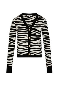 Cardigan rayé noir et blanc avec un col en V, des manches longues, cinq boutons dorés sur le devant et une bordure noire unie.