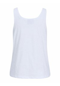 Camiseta sin mangas blanca hecha de algodón, con escote redondeado, dobladillo recto y textura suave sin patrones ni adornos.